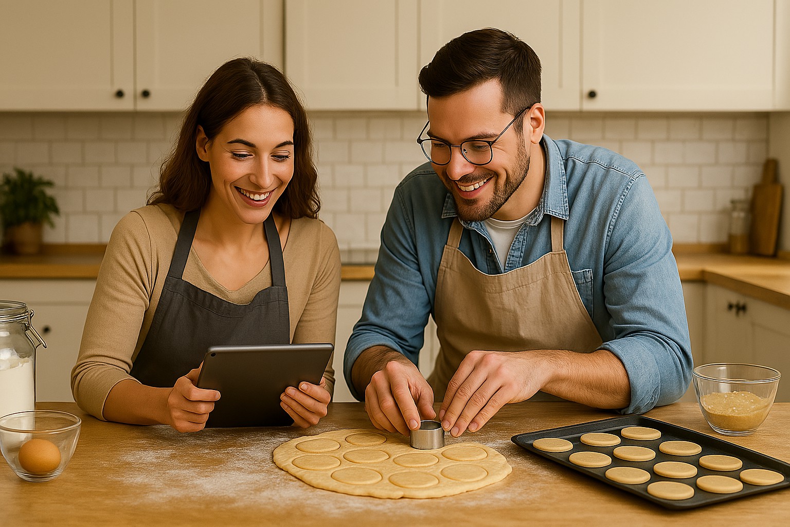 Couple happily baking cookies together in a home kitchen